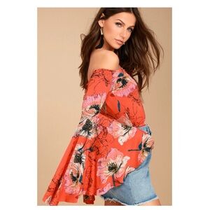 NWT Free People Birds of Paradise Coral Orange Floral Print Top Large